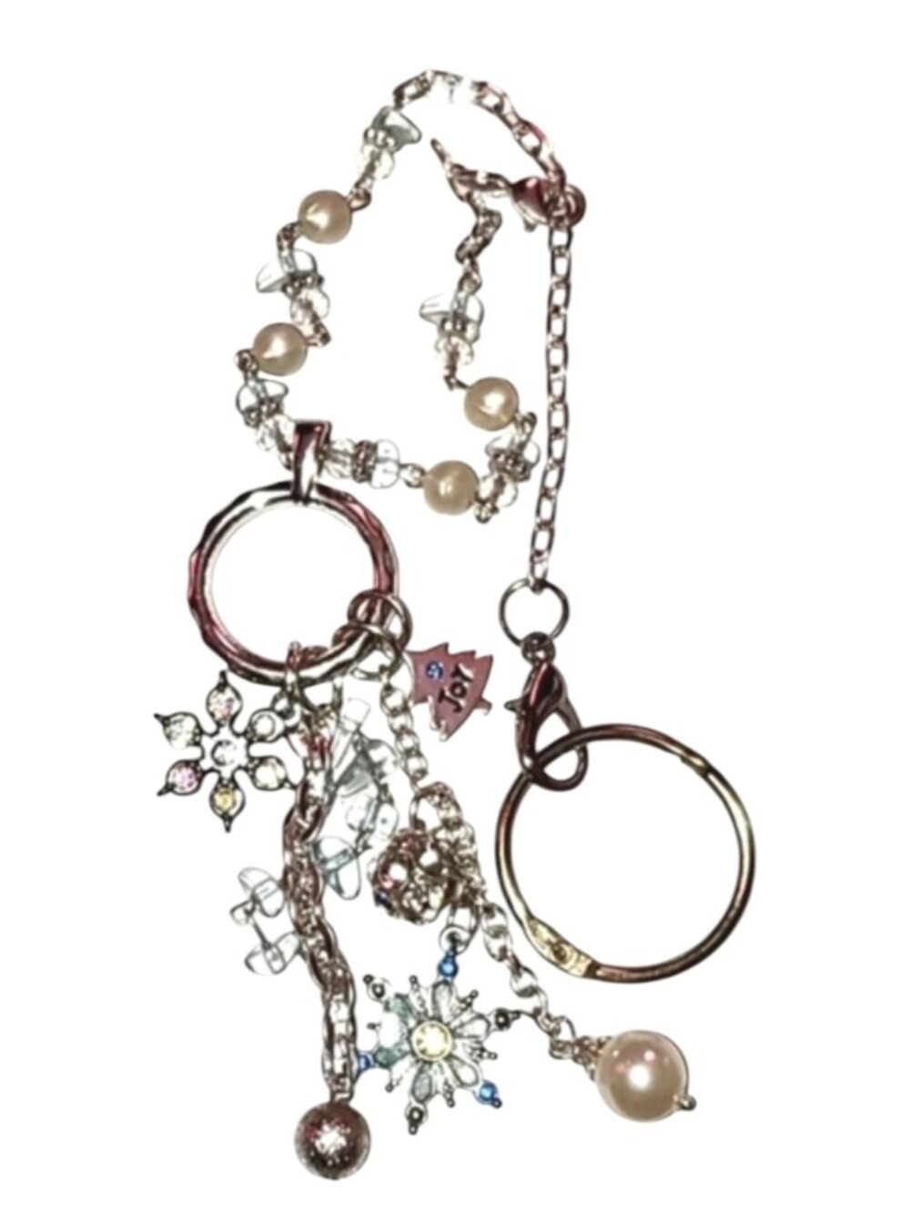 Sparkling Silver Winter Bag Charm Keychain Blue Crystals White Faux Pearls
